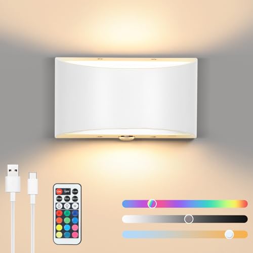 Lampop Wandleuchte Innen, Wandleuchte Ohne Stromanschluss, USB-C Aufladbare, Touch Control & Fernbedienung, 12 RGB & 3 Helligkeit, Magnetisch kabellose Wandlampe für Schlafzimmer Wohnzimmer, Weiß von Lampop