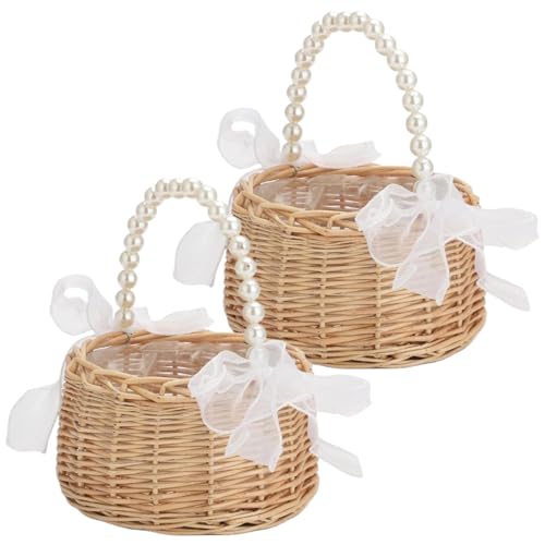 2pcs Wicker Blumenmädchenkorb mit Perlengriff & Bogen Hochzeitszeremonie Wohnkultur von Lamppdcor