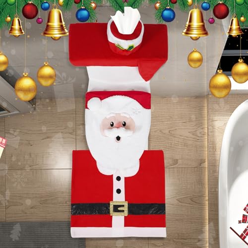 Lamppdcor 4PCS Weihnachtsbad Set Style 2, niedliches Gnom-Dekor mit einem Rutschteppich, Toilettendeckel, Tissue-Box-Abdeckung und Tank von Lamppdcor