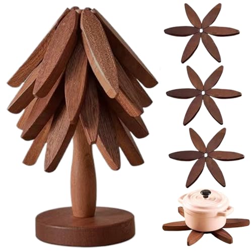 Lamppdcor Tree Trivet Holzbaum Trivet Set Creative Tree Coasters umfasst 4 Trivets & 1 Basis dekorative isolierte Triveten für heiße Gerichte, Tassen, Weihnachtsdekorationen, Walnussfarbe von Lamppdcor