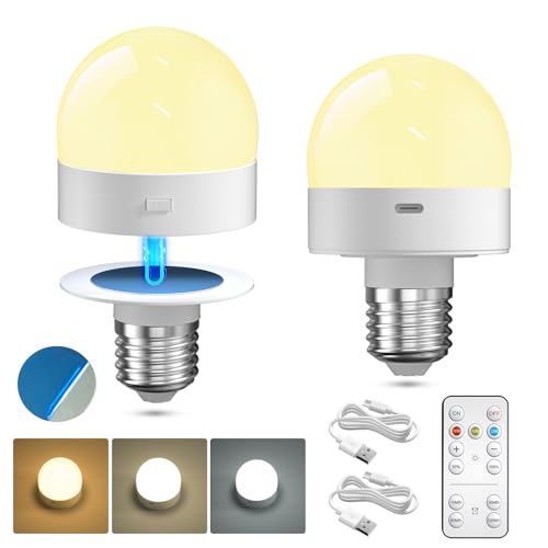 Lamptobe Aufladbare Glühbirne mit Fernbedienung, 3 Farben E27 Dimmbar LED Glühbirne mit Batterie, mit Magnetische, Timing-funktion Für Notlicht, Nachtlicht, Camp, Nicht Verkabelte Lampen-2 Stück von Lamptobe