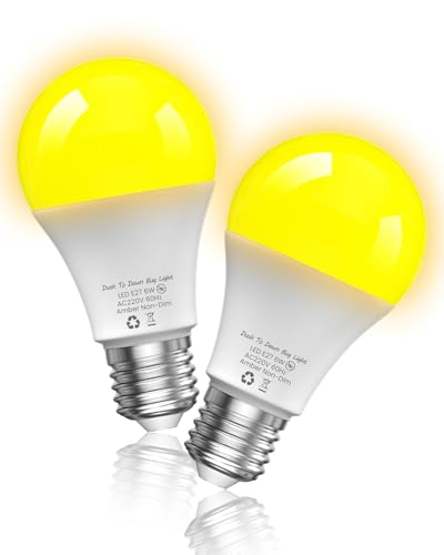 Lamptobe Außenlampe mit Dämmerungssensor, 6W A19 LED Lichtsensor Lampe, E27 LED Automatische Lampe mit Lichtsensor, Warmweiß 1800K gelbes Licht (530-590nm) Anti Insekten 2 Stück von Lamptobe