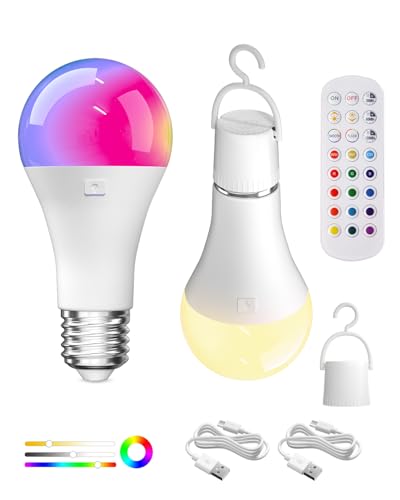 Lamptobe USB Aufladbar Batterie Glühbirne Mit Fernbedienung, 12+3 Farbtemperatur, E27 Smart Farbwechsel Farbige RGB LED Dimmbar Akku Glühbirnen Mit Timing Funktion, Akku Hängelampe, 2 Stück von Lamptobe