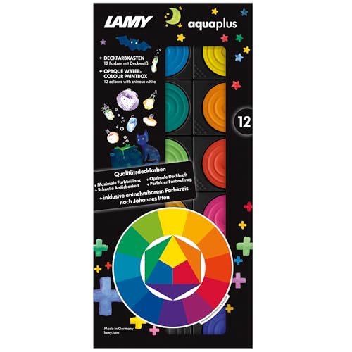 Lamy Deckfarbkasten aquaplus black mit 12 Farben - ideal für den Schulunterricht - mit Farbkreis nach Johannes Itten & Deckweiß - Mischfelder im Deckel von Lamy