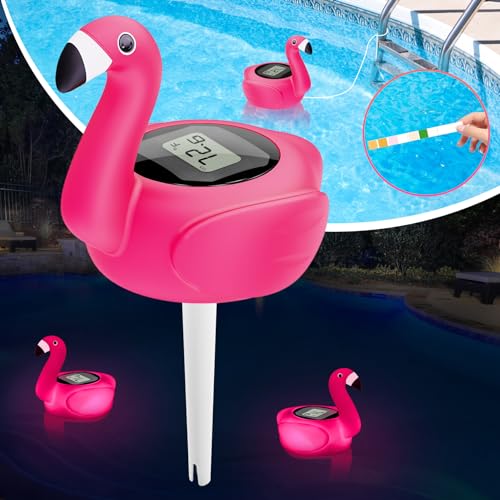 LanBlu Pool Thermometer Schwimmend mit Licht, Solar Pool Thermometer Digital Leicht zu Lesen, Flamingo Thermometer Pool Schwimmend mit Schnur & Großes LCD-Display,Schwimmbad Thermometer für Pool Teich von LanBlu