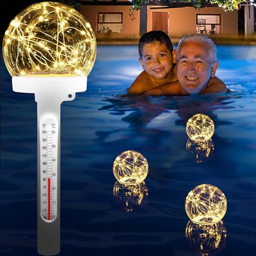 LanBlu Schwimmende Pool Thermometer,Solar Thermometer Pool Schwimmend mit Warmem Kugellicht,Schwimmbad Thermometer für Pool Nachts Leicht zu Lesen,Schwimmbecken Thermometer für Teich Whirlpool von LanBlu