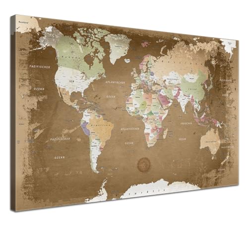 LANA KK - Weltkarte Leinwandbild mit Korkrückwand zum pinnen der Reiseziele – „Weltkarte Oldstyle” - deutsch - Kunstdruck-Pinnwand Globus in braun, in 120x80cm von LANA KK