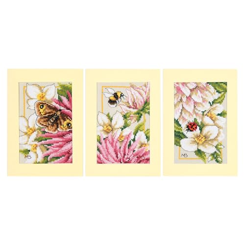 LANARTE Gezählter Kreuzstich Stickpackungen Grußkarten zum Selbstgestalten ROSA DAHLIE 3ER SET DIY Postkarten Erwachsene Sticken Bastel ca. 10,5 x 15 cm Stickset für Anfänger Kreatives Geschenk von Lanarte