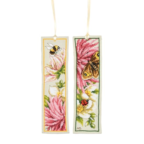 LANARTE Lesezeichen Kreuzstich Stickpackungen Gezählter Kreuzstich Set ROSA DAHLIE 2ER SET DIY Set Erwachsene Sticken Lesen Zubehör Geschenk Zählmusterpackung ca. 6 x 20 cm Stickset für Anfänger von Lanarte
