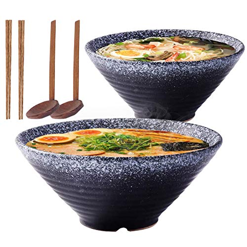 Japanische 9-Zoll-Keramik-Ramen-Nudelsuppeschüssel, 2 Sätze (6 Stück) 1600 ml Mehrzweckschüssel mit passendem Löffel und Essstäbchen für Instantnudeln, Suppe, Nudel, Pho, Udon und Soba (black) von Lanbent