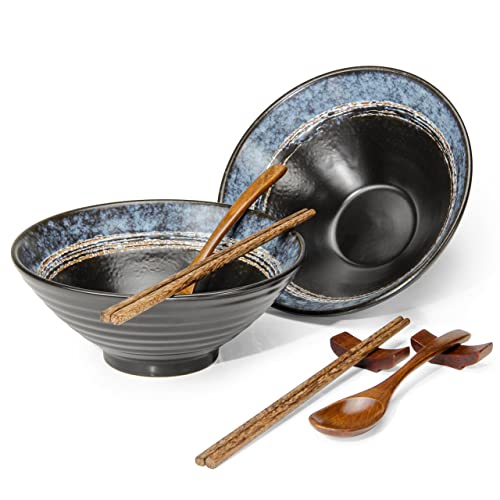 Ramen-Schüssel-Set, Ramen Schüssel aus hochwertiger Keramik, hergestellt aus traditionellem Handwerk, Geschirr-Set mit 2 x große Schüssel (1000 ml), 2 x Essstäbchen, 2 x Löffel von Lanbent