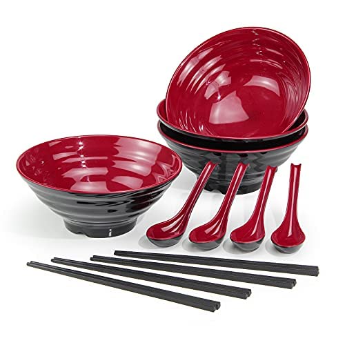 Ramen Schüssel Set, Füllmenge 1032 ml Japanische Suppe Schüssel mit Löffel und Essstäbchen, für Pasta Udon Asiatische Nudeln, Rot Schwarz Gemischt (4 PCS) von Lanbent