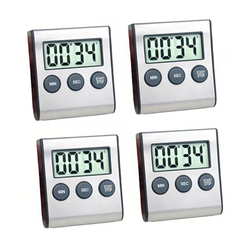 Lancoon 4 Stück Digital Timer mit Magnetischen Countdown Lauten Alarm Hängeloch Halterung Edelstahl Batterie Leicht zu Tragen für Küche Kochen Backen Sport (Silber) von Lancoon