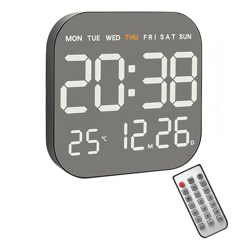 Lancoon Digitale Große Wanduhr mit 10 Helligkeitsstufen Countdown Funktion Fernbedienung Gebürstetes Metall Temperatur Datum Woche für Wohnzimmer Home von Lancoon
