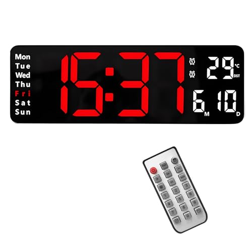 Lancoon Digitale Wanduhr, 13 Zoll LED Bildschirm mit Sitzender und Hängender Fernbedienung Batteriebetrieb Plug in Temperatur Datum Wochenanzeige für Wohnzimmer von Lancoon