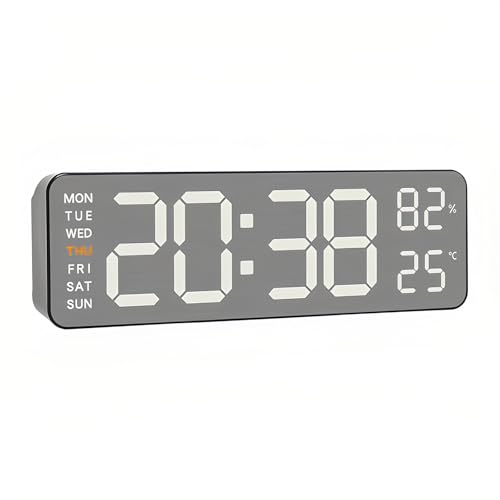 Lancoon Digitale Wanduhr mit Gebürstetem Metall Temperatur Luftfeuchtigkeit 3 Stufen der Helligkeit Anpassung Auto Dimmer Datum Woche Dual Alarm für Wohnzimmer Dekor Büro von Lancoon