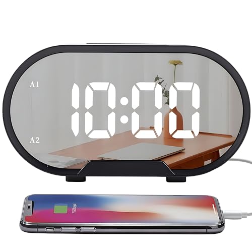 Lancoon Digitaler Wecker, verspiegelte LED-Uhren mit 2 USB-Ladeanschlüssen Einfache Schlummerfunktion Einstellbare Lautstärke 0-100% Helligkeitsdimmer 12/24-Stunden-Anzeige(Schwarz) von Lancoon