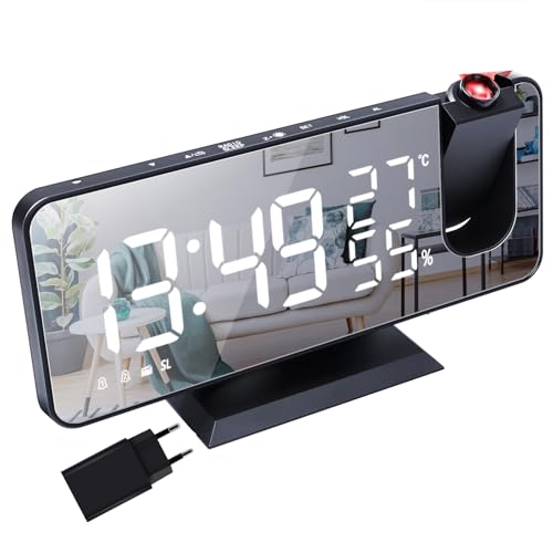 Lancoon Digitaler Wecker mit 180° Projektor Spiegel Display Dimmer Funkuhr Temperatur Luftfeuchtigkeitsanzeige Inklusive Adapter von Lancoon