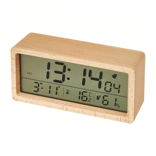 Lancoon Elektronischer Holzwecker mit LCD Großes Display Temperatur Luftfeuchtigkeit Weiches Nachtlicht Datum Woche 12/24 Stunden Schalter Snooze Modus Einfach zu Benutzen für Studenten Büro von Lancoon