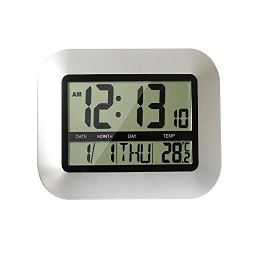 Lancoon Großbild-Wanduhr, klare Anzeige von Raumtemperatur, Kalender und Woche mit Alarm- und Schlummerfunktion, dünne Silberne ABS-Kante von Lancoon