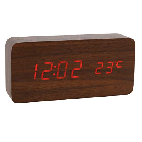 Lancoon HöLzerne Digitaluhr - Multifunktions-Led-Wecker Mit Uhrzeit/Datum/Temperaturanzeige Und Sprachsteuerung Für Home-Office-Reisen - AC11Brown_Red von Lancoon