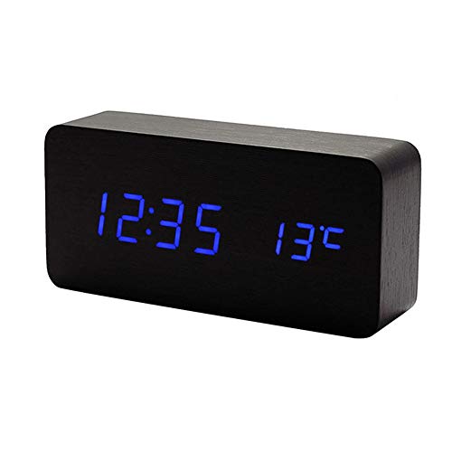 Lancoon HöLzerne Digitaluhr - Multifunktions-Led-Wecker Mit Uhrzeit/Datum/Temperaturanzeige Und Sprachsteuerung Für Home-Office-Reisen - AC11Black_Blue von Lancoon