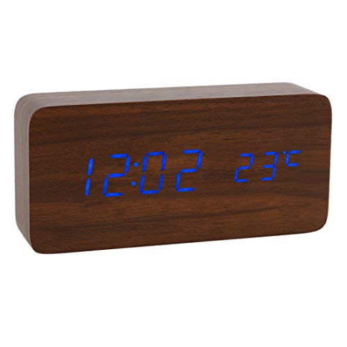 Lancoon HöLzerne Digitaluhr - Multifunktions-Led-Wecker Mit Uhrzeit/Datum/Temperaturanzeige Und Sprachsteuerung Für Home-Office-Reisen - AC11Brown_Blue von Lancoon