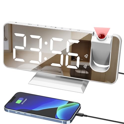 Lancoon Projektion Wecker für Decke Wand Dual Alarm Einstellung Snooze 12/24 H USB-Ladeanschluss LED Spiegel Bildschirm Display 4 Level Helligkeit Dimmer Weiß-Weiß von Lancoon