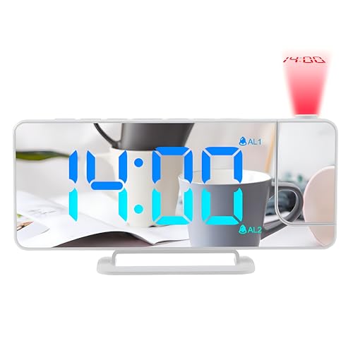 Lancoon Projektionswecker, farbenfrohe LED-Digitaluhr mit Spiegeloberfläche Einstellbare Helligkeit 12/24Std. Display Zwei Alarme Snooze USB-Ladeanschluss für Vielschläfer Home Office(Weiß) von Lancoon