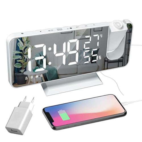 Lancoon Projektionswecker Digitaluhr mit Ladeanschluss Radio Snooze Dimmer Großbildanzeige 180° Projektor Inklusive Adapter von Lancoon