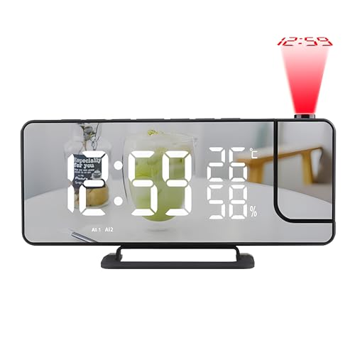 Lancoon Projektionswecker mit Radio, Digitaler Spiegelwecker mit Temperatur-Luftfeuchtigkeitsanzeige Einstellbare Helligkeit Dual Alarm Snooze 12/24H Display für Schlafzimmer Home Office(Schwarz) von Lancoon