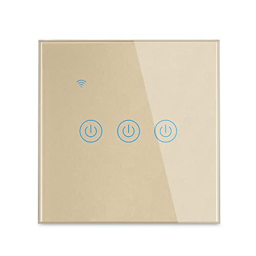 Lancoon Touch-Wandschalter mit Blauer LED-Anzeige, kabellose Smart-Fernbedienung, Sprachsteuerung, Familienfreigabe, Timer-Funktion, Neutralleiter erforderlich (Gold, 3 Gang) von Lancoon