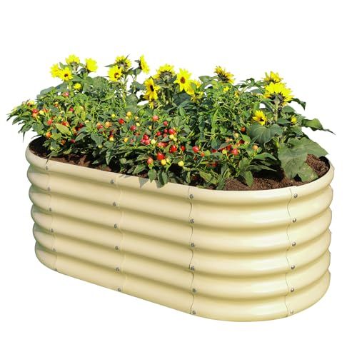 Land Guard Hochbeet für den Außenbereich, Metall, oval, tiefe Wurzeln, Pflanzkasten für Gemüse, Blumen, Kräuter, 45,7 cm hoch, Fassungsvermögen: 200 l, Cremegelb von Land Guard