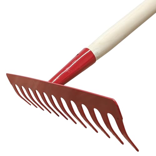 Garten Gerät Harke Rasen Boden Erde Rechen 12 Zinken Metall rot Gartenrechen 28 cm mit Holz Stiel von Land-Haus-Shop