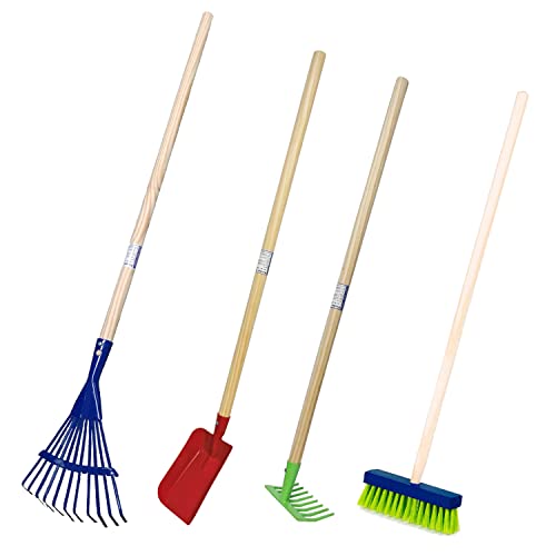 Land-Haus-Shop Kinder Gartengeräte Set 4 TLG, Besen Harke Rechen Schüppe Garten Geräte Spielzeug von Land-Haus-Shop