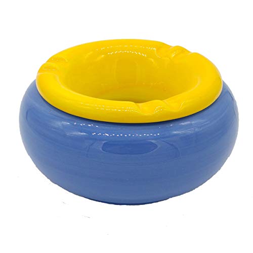 Land-Haus-Shop Wind Aschenbecher XL Sturmaschenbecher, Windascher mit Aufsatz Deckel Windaschenbecher Keramik (Blau-Gelb 13,5cm) von Land-Haus-Shop