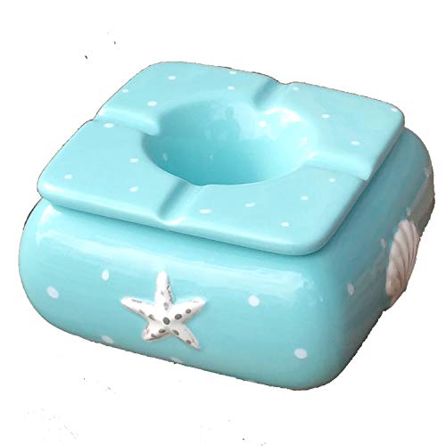 Land-Haus-Shop Wind Aschenbecher XL Sturmaschenbecher, Windascher mit Aufsatz Deckel Windaschenbecher Keramik (Meer Design hellblau 12,7 x 12,7 x 6,8cm) von Land-Haus-Shop