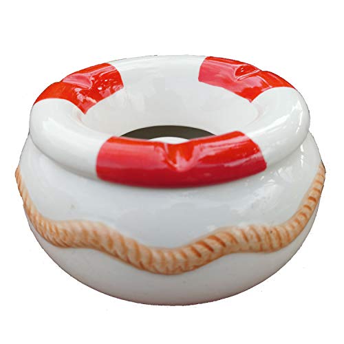 Land-Haus-Shop Wind Aschenbecher XL Sturmaschenbecher, Windascher mit Aufsatz Deckel Windaschenbecher Keramik (Rettungsring rot 11,7 x 6,0 cm) von Land-Haus-Shop
