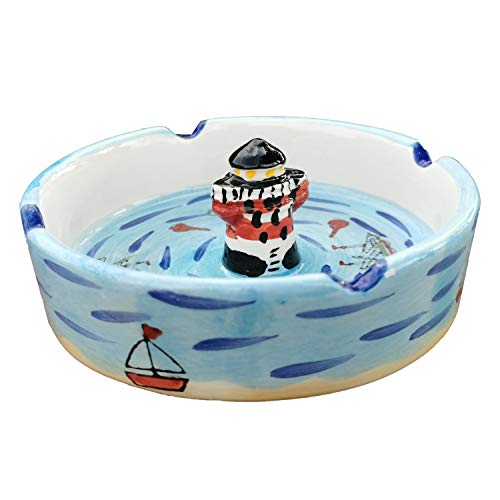 Windaschenbecher Küste Keramik Maritim Boot Leuchtturm Wind Becher Ascher Meer Nordsee Deko Aschenbecher (LT 12cm) von Land-Haus-Shop