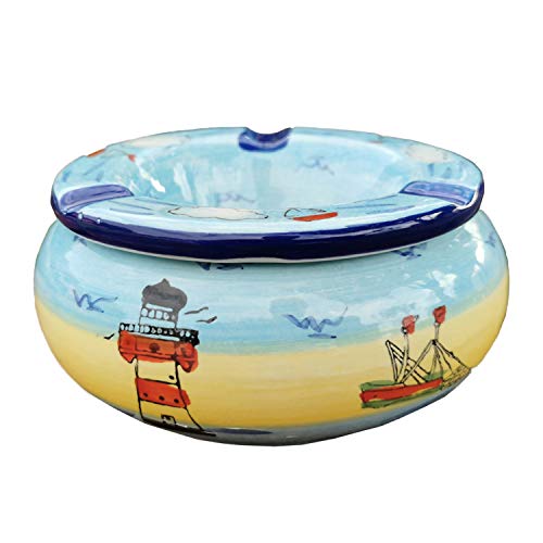 Windaschenbecher Küste Keramik Maritim Boot Leuchtturm Wind Becher Ascher Meer Nordsee Deko Aschenbecher (Modern L 11cm) von Land-Haus-Shop