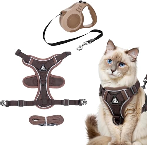 Katzengeschirr mit Leine Ausbruchsicher, Katzenleine mit Geschirr für Katzen Verstellbar, Cat Harness Softgeschirr für Katze mit Reflektierenden Streifen, 2er-Set In Kaffee (M) von LandReCol