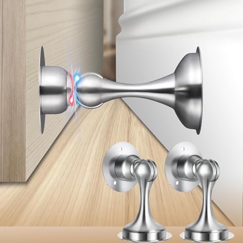 Magnetischer TüRstopper 2 StüCk, TüRstopper Mit Selbstklebenden/Verdeckenden KlebebäNdern, Am Boden Oder An Der Wand Montiert - Bohren Sie Mit Schrauben - Design Mit Starken Magneten (Silber) von LandReCol
