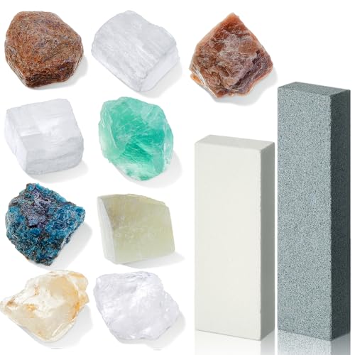 Landical 1 Set Earth Science Moh's Härte-Set, Mohs-Härte-Test-Set, Mineralidentifikationsset, enthält 9 Steinmineralproben und 2 unglasierte Porzellanstreifenplatten zum Erkunden und Identifizieren von Landical