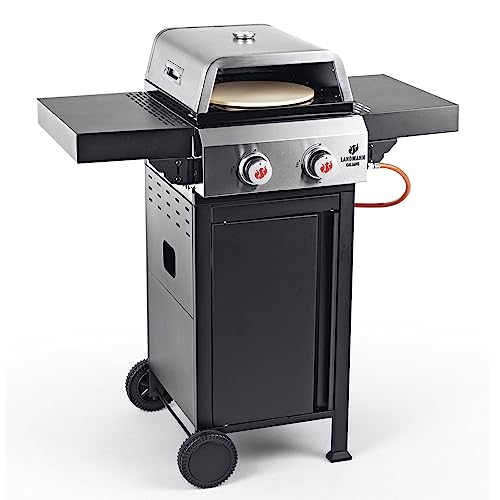 LANDMANN | 2 in 1 Gasgrill mit Pizzaaufsatz & Gusseisenrost | Für Pizza & Grillgut | 2 Edelstahlbrenner | Pizzastein (ca. Ø 29 cm) | 2-3 Personen | Grillfläche ca. 44 x 34,5 cm | Deckelthermometer von Landmann