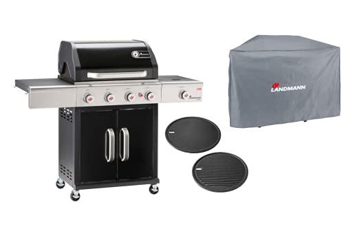 Landmann Gasgrill Triton 4.1 maxX - Kickstarter-Paket mit Grillplatte + Wetterschutzhaube | Premium Gasgrill mit doppelwandigem Deckel inkl. Thermometer | Landmann PTS-System [Schwarz] von Landmann