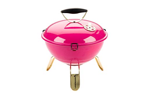 LANDMANN Piccolino Holzkohle-Kugelgrill inkl. Grillzange | Mit Temperaturanzeige & Lüftungsscheibe im Deckel | Verchromter Grillrost Ø 34 cm [Pink] von Landmann