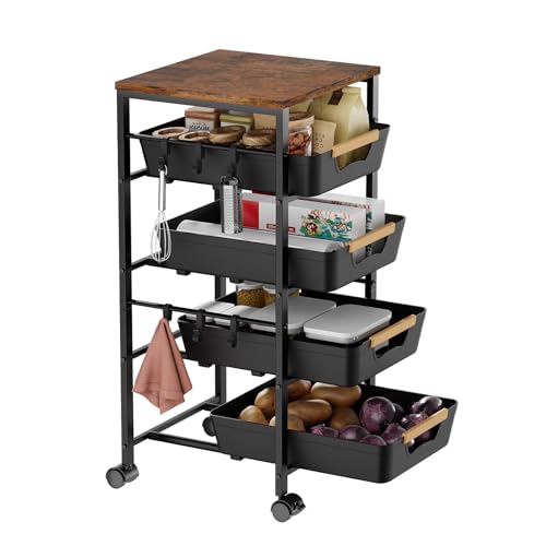 Landmok Küchenwagen mit 5 Ebenen & Schubladen, Aufbewahrungswagen aus Metall mit Holzplatte, Belüfteten Körben und Rollen, Snack-Organizer für Obst, Gemüse und Mikrowelle (32,5x36,5x82 cm, Schwarz) Landmok Küchenwagen mit 5 Ebenen & Schubladen, Aufbewahrungswagen aus Metall mit Holzplatte, Belüfteten Körben und Rollen, Snack-Organizer für Obst, Gemüse und Mikrowelle (32,5x36,5x82 cm, Schwarz) von Landmok