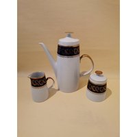 Lichte Fine China Porzellan Kaffeekanne Kanne Milchkännchen Zuckerdose Design Sammler Kobalt Gold 50Er 60Er Jahre von Landmum