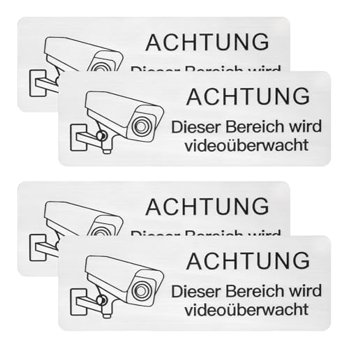 Landrain 4 Stück 8.5x3cm Selbstklebend Aufkleber Videoüberwachung Schild, Aluminium Rostfrei Hinweisschild Videoüberwachung von Landrain