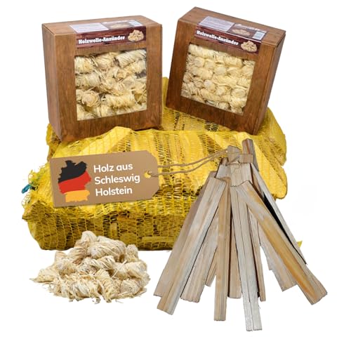 Landree Anfeuerholz-Spar-Set, 6 kg + 130 Stück Holzwolle Anzünder und Anmachholz, Holzwolle für Kamin, Ofen, Kaminofen, Grill und Smoker, nachhaltige Qualität aus Schleswig Holstein von Landree